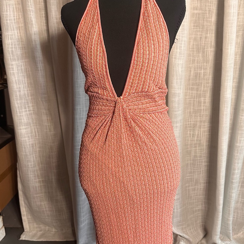 Sleeveless Deep V Coral Knit Halter Dress